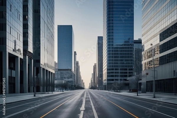 Fototapeta Panoramic Urban Design Featuring Abandoned Street Surrounded by Modern Office Towers in the City