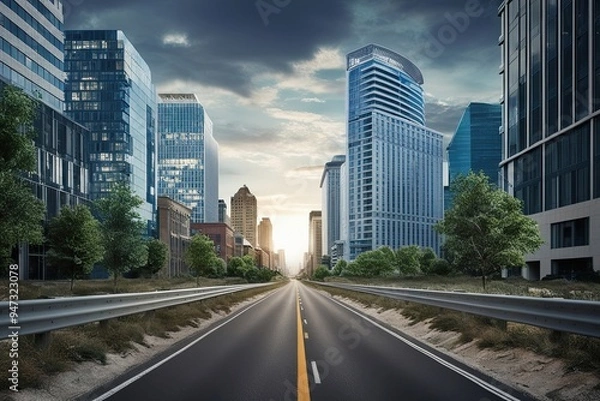 Fototapeta Vibrant Depiction of an Unruly Road Adjacent to City Skyscrapers in a Lively Urban Environment