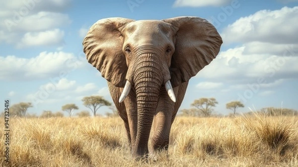Obraz African Elephant Walking Through Tall Grass in Savanna
