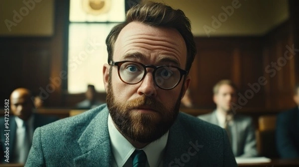 Fototapeta Man in a Suit Looking at the Camera with a Serious Expression