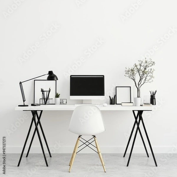 Fototapeta Minimalist Home Office Workspace with White Desk and Chair