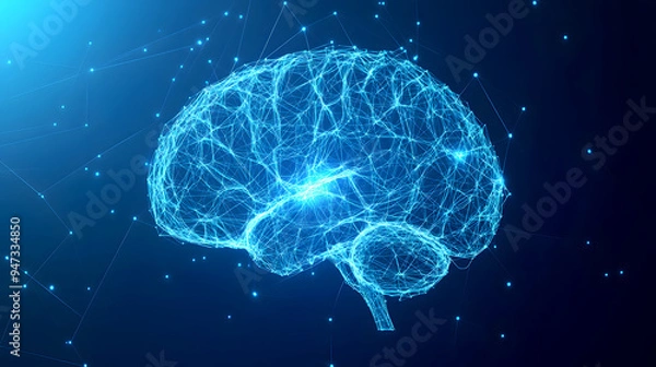 Obraz A digital blueprint-style illustration of a human brain, with glowing plexus lines drawn in a wireframe style. The brain is depicted in sharp, angular lines