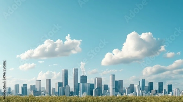 Obraz Modern city skyline with tall skyscrapers under a clear blue sky and fluffy clouds, viewed from a grassy field.