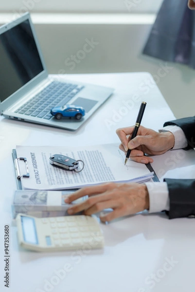Fototapeta A car salesman in the middle of offering a vehicle and signing a contract.