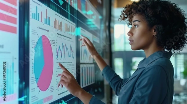 Fototapeta Business consultants analyze financial audit on interactive screens