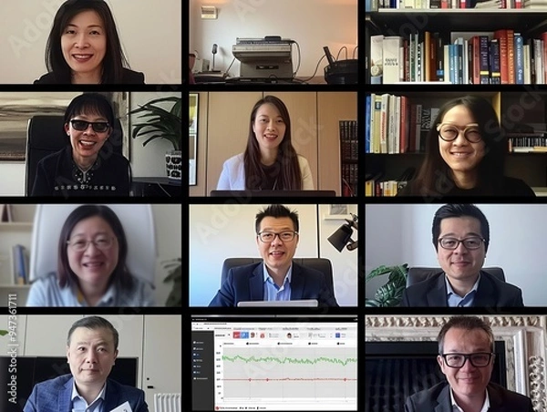 Fototapeta International audit team video call multi-ethnic participation