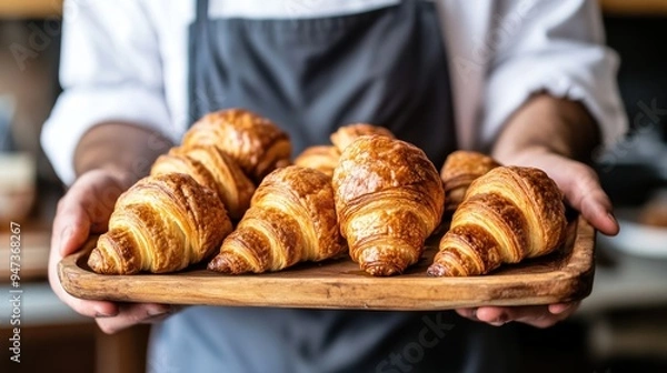 Obraz Freshly Baked Croissants on a Wooden Tray