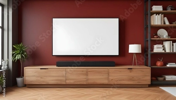 Fototapeta A large flat screen TV mounted on a red wall above a wooden TV stand with drawers.