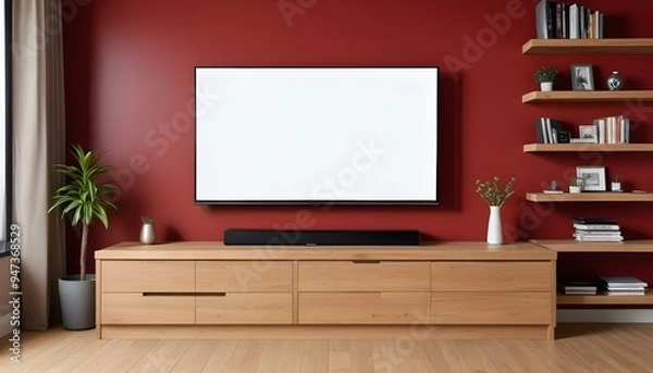 Fototapeta A large flat screen TV mounted on a red wall above a wooden TV stand with drawers.