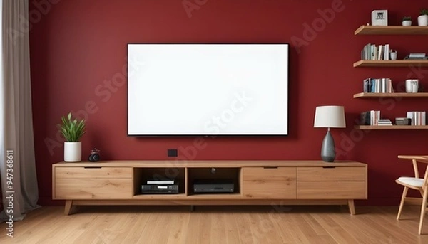 Fototapeta A large flat screen TV mounted on a red wall above a wooden TV stand with drawers.