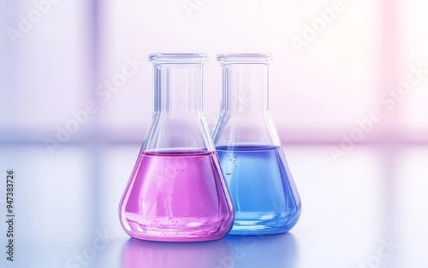 Fototapeta Colorful laboratory flasks filled with blue and pink liquids, ideal for science, chemistry, and experimental themes.