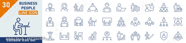 Fototapeta Business People line icon set. Set of 30 outline icons related to leadership, teamwork, business communication, career, male and female avatars. Editable stroke. Vector illustration.
