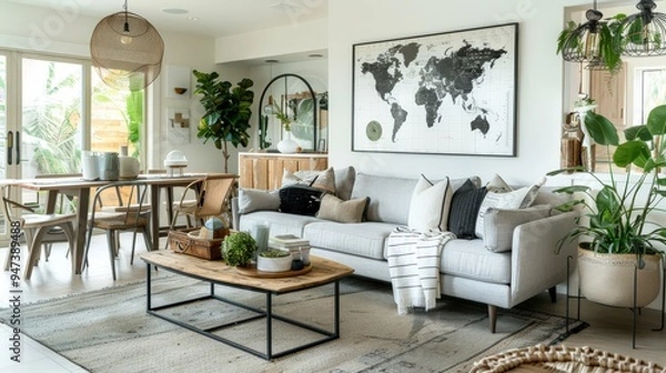 Fototapeta Sleek Open Living Space with Mint Sofa, Modern Furniture, and Elegant Decor