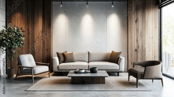 Fototapeta Modern living room interior featuring white and wooden walls a concrete floor and a cozy gray couch alongside an armchair next to a square coffee table 3D rendering