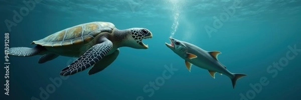 Fototapeta A captivating underwater scene featuring a turtle and a fish, showcasing the beauty of marine life and the dynamics of ocean ecosystems.