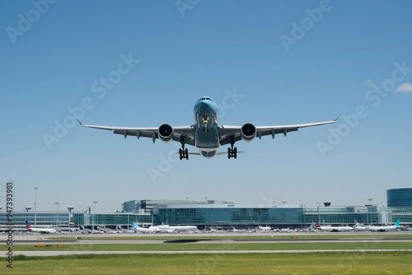 Fototapeta A modern airplane taking off from an international airport, with bustling activity in the foreground and a clear sky overhead, symbolizing global connections and travel