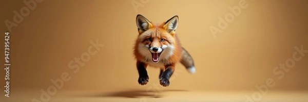 Fototapeta A dynamic image of a jumping fox on a warm background, perfect for nature, wildlife, and advertising themes. Ideal for businesses focused on pets, conservation, or adventure.
