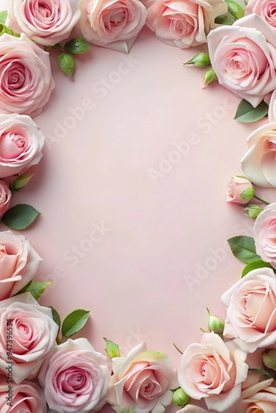 Fototapeta Flowers background template mockup top view isolated with copy space. Pink roses border frame background.