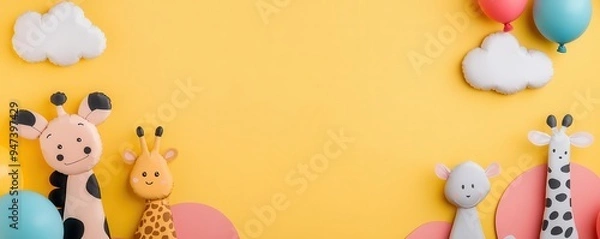 Fototapeta A whimsical collage with playful elements like balloons, clouds, and cartoon animals, collage, whimsical, playful