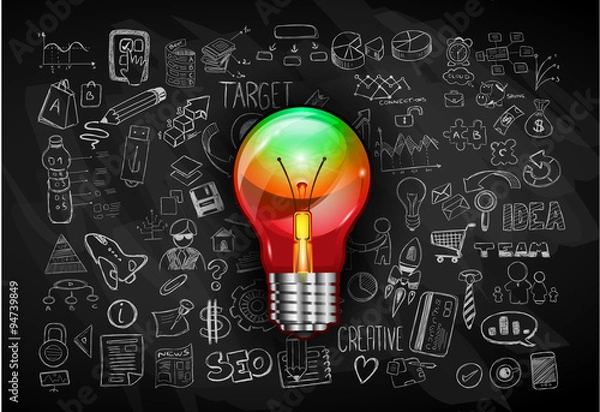 Fototapeta idea concept with light bulb and doodle sketches