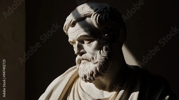Fototapeta The image depicts a detailed marble bust of an ancient philosopher or scholar, characterized by an intense expression, a full beard, and wavy hair. The sculpture is partially illuminated by a soft yet