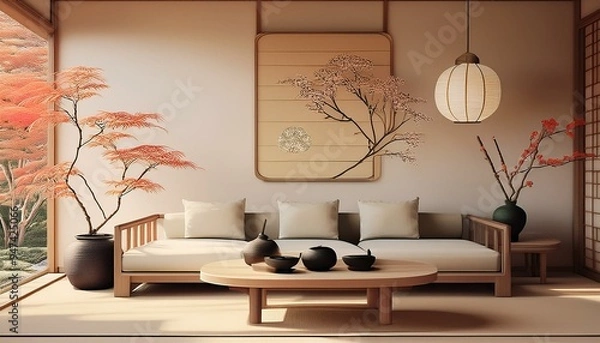 Obraz Minimalist, japandi interior design of modern living room.