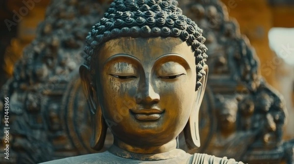 Fototapeta A serene golden Buddha statue in an ancient temple, surrounded by intricate carvings that tell a story of history.