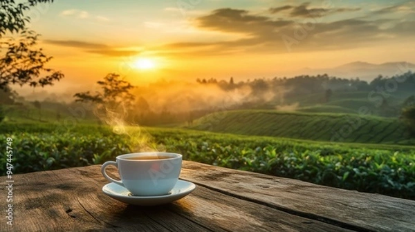 Fototapeta A steaming cup of tea on a rustic wooden table with a breathtaking view of a tea plantation at sunset.