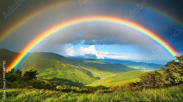 Fototapeta A vibrant double rainbow arching over a lush green valley, appearing after a refreshing summer rain.