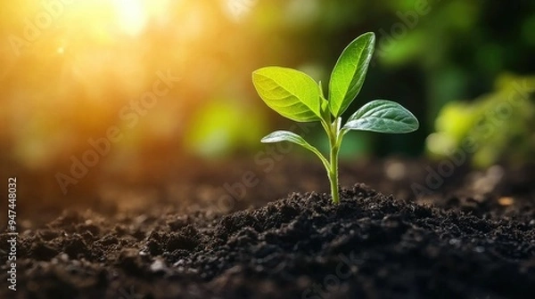 Obraz A vibrant green plant sprouting from the soil, highlighting the cycle of growth and renewal.