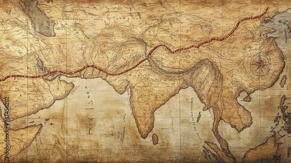 Fototapeta An antique map displays the historical Silk Road, marked by a red route stretching across Europe and Asia. This vintage map showcases geographical features such as mountains, rivers, and plains, with 