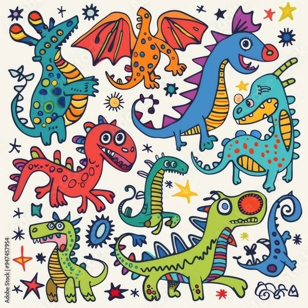 Fototapeta Funny dragons doodle set, cartoon dino, graphic dinosaurs isolated, monster animals