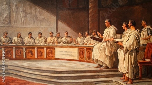 Fototapeta A detailed painting depicts a gathering of ancient Roman senators clad in traditional togas, assembled in a semicircular room with elevated tiers of seating. The men are engaged in what appears to be 