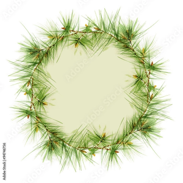 Fototapeta Watercolor round frame of pine branches.
