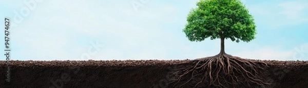 Fototapeta A vibrant tree showcasing its roots, symbolizing growth, strength, and the importance of nature in our lives.