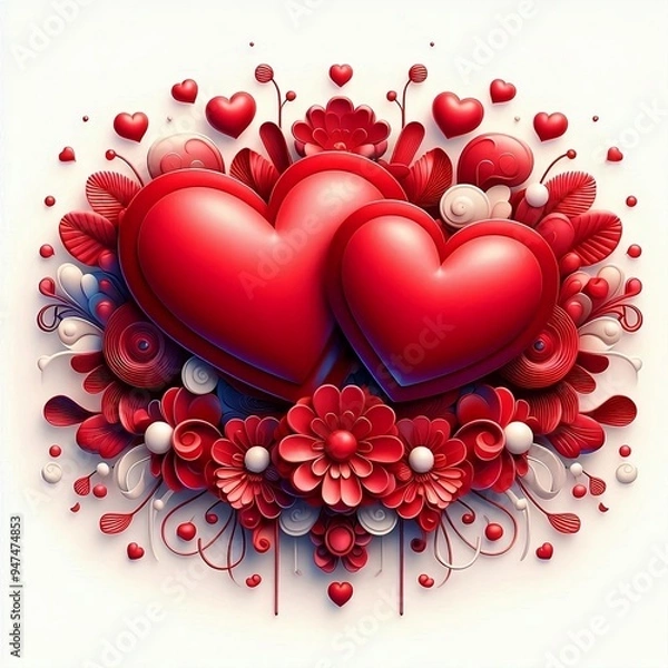 Fototapeta Red Hearts and Flowers in a 3D Floral Arrangement with Love Theme