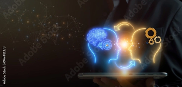 Obraz Man shows AI brain provide access information, digital chat bot concept. Artificial intelligence, machine learning concept, big data, cloud computing, computer network and innovation technology