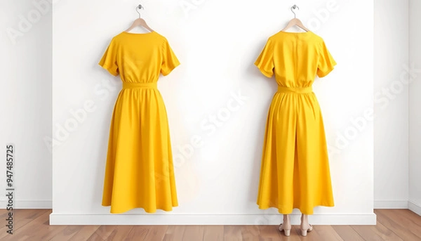 Fototapeta Here's a mockup of a Yellow blank Culotte dress with a white wall and a front and back view. Please replace the design with your own.