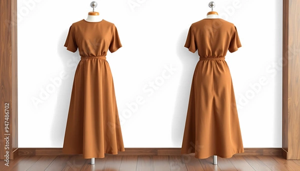 Fototapeta Here's a mockup of a Brown blank Culottes dress with a white wall and a front and back view. Please replace the design with your own.