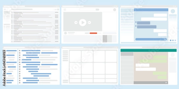 Fototapeta Set of program layout, UI design, Flat simple screen of website browser, Coding display, Email screen, Chat box, Computer window user interface screen.