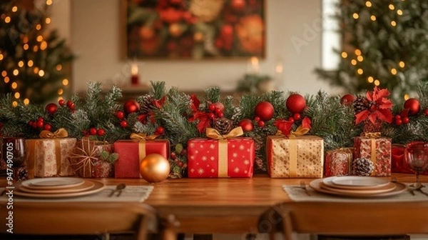 Fototapeta Modern Christmas party decorated with festive red and gold decorations, brightly wrapped gifts, twinkling lights and a festive atmosphere create a lively and attractive atmosphere.