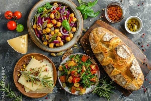 Obraz Fried Vegetable Salad, Green Mix Meat and Chickpeas, Cheese Plate and Freshly Baked Bread