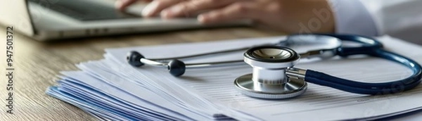 Fototapeta Close-up of stethoscope on organized medical documents, healthcare admin in background, detailed scene