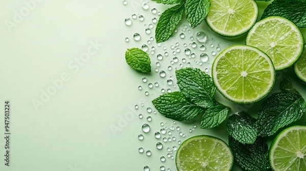 Fototapeta A mojito with sparkling bubbles, mint leaves, and lime slices, on a gradient background of soft green and white, fresh, crisp, clean, large negative space for text