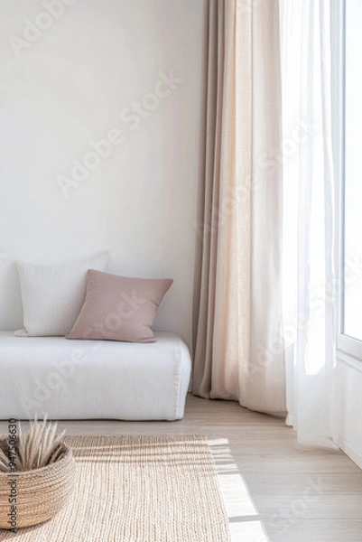 Fototapeta Interior design room composition with minimal furniture and relaxing colors. Decor conceptual image with ample copyspace.