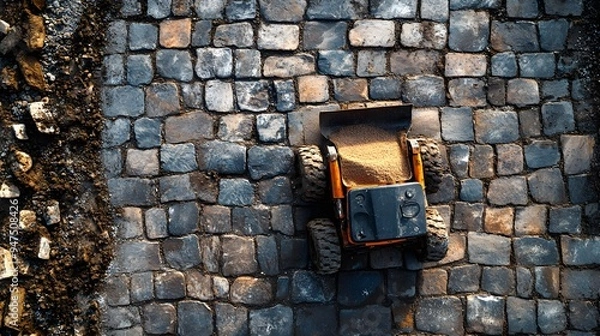 Obraz A top-down shot of cobblestones being compacted into a sand base with a plate compactor, showcasing joint sand filling the gaps, achieving a firm, polished surface
