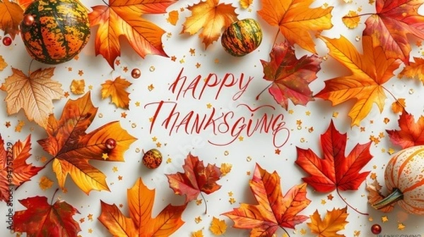 Obraz Frame of autumn Thanksgiving Day concept with warm cozy items, autumn leaves, pumpkins, pinecones on flat light background  