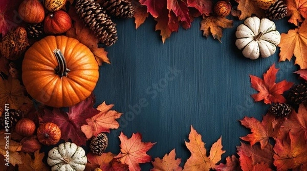 Obraz Frame of autumn Thanksgiving Day concept with warm cozy items, autumn leaves, pumpkins, pinecones on flat light background  