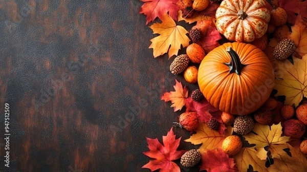 Obraz Frame of autumn Thanksgiving Day concept with warm cozy items, autumn leaves, pumpkins, pinecones on flat light background  
