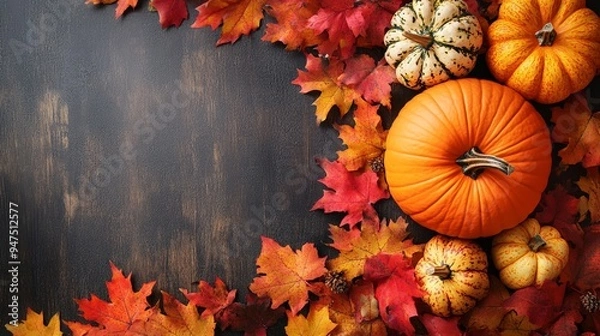 Obraz Frame of autumn Thanksgiving Day concept with warm cozy items, autumn leaves, pumpkins, pinecones on flat light background  